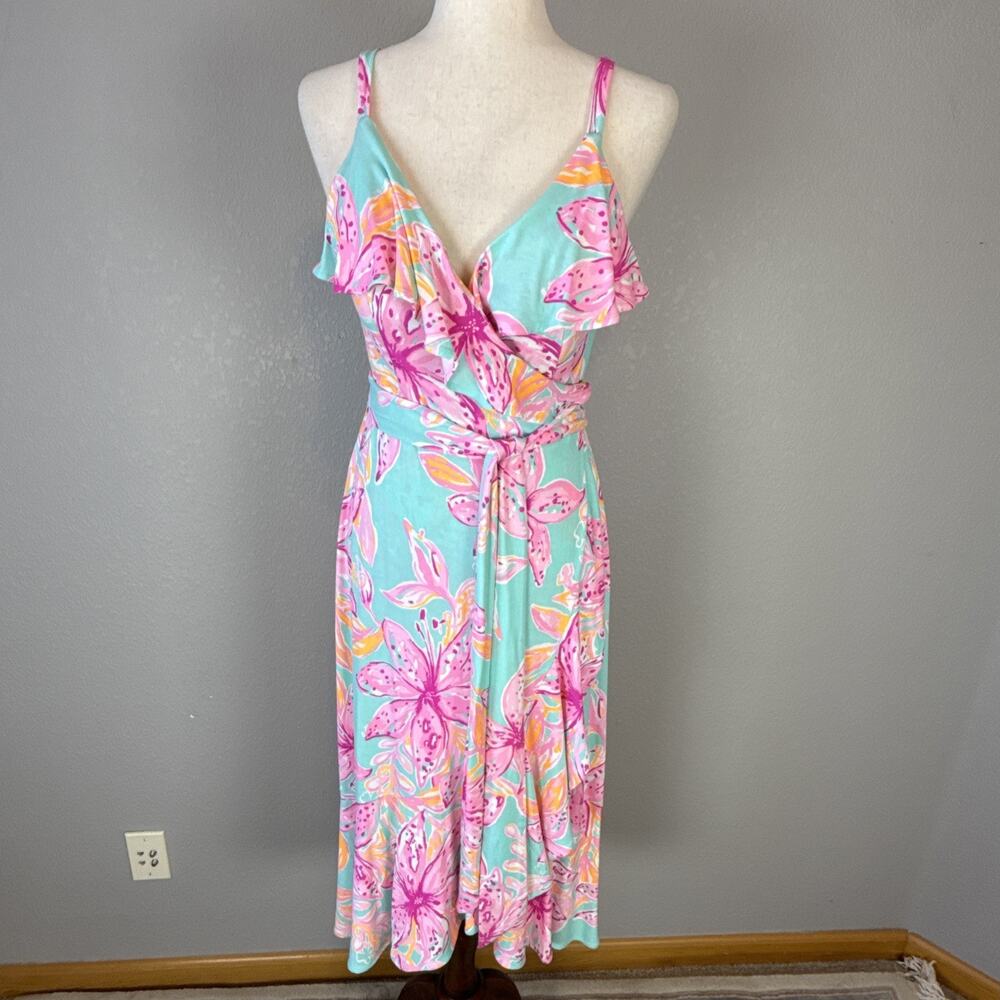 Lilly Pulitzer Womens Fontaine Wrap Dress Size M Bonita‎ Blooms Surf Blue Jersey - Picture 2 of 9